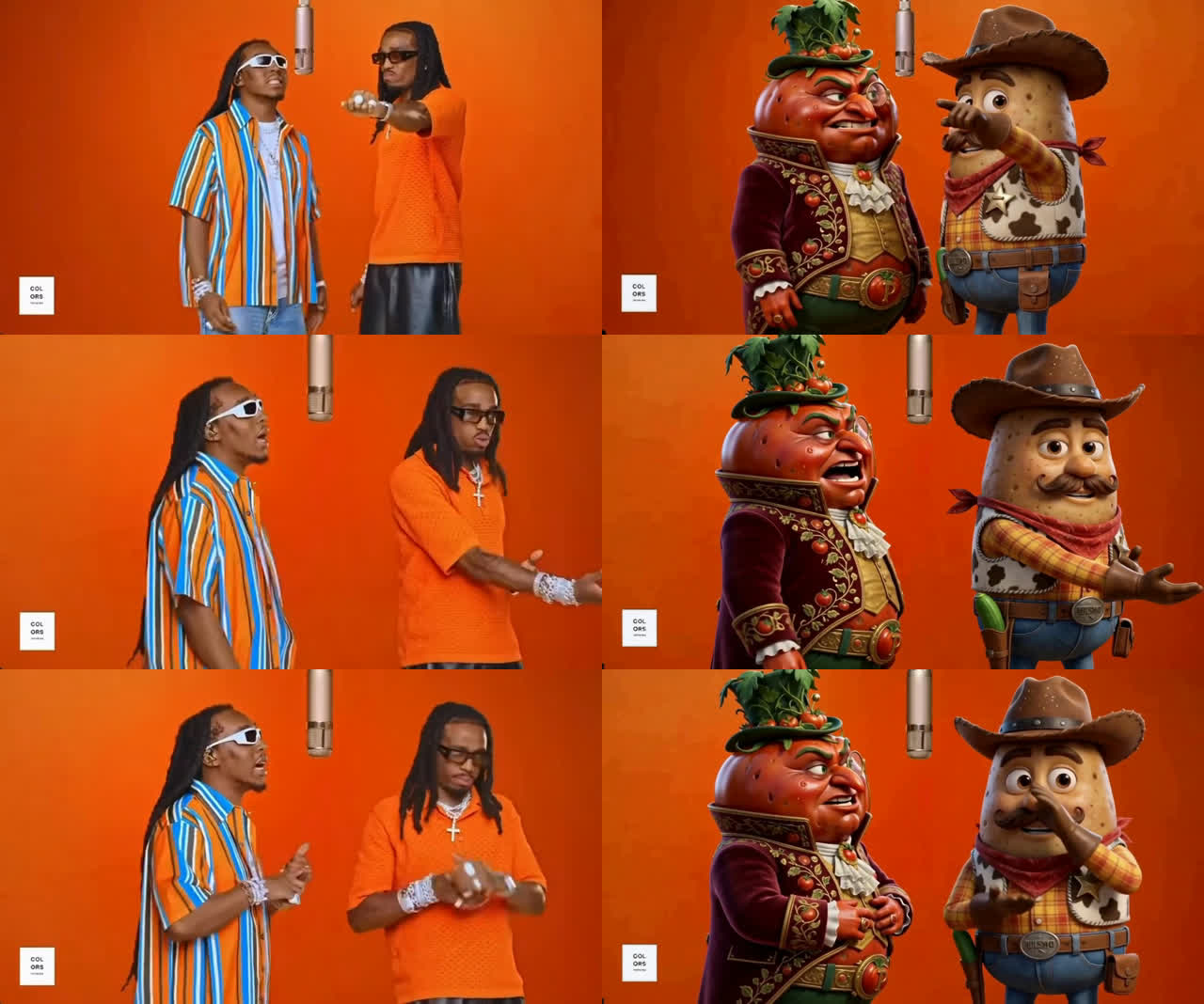 Source frames on the left, the two-character replacement trial on the right. The comparison shows both the retained scene and the differences in gestures.