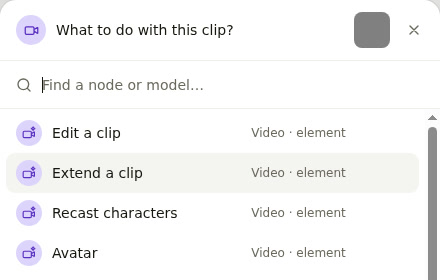 The actual video action menu in a test project: Recast characters and Avatar are separate tasks.