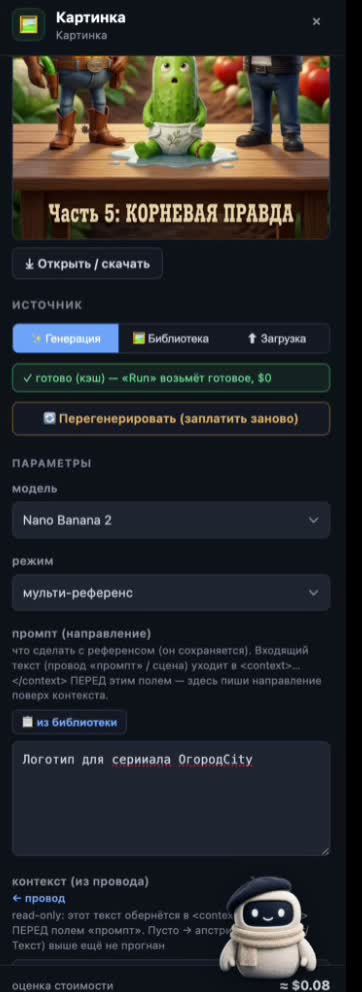 Тот же принцип в живом UI: зелёный бейдж «✓ готово (кэш) — Run возьмёт готовое, $0», а рядом «Перегенерировать (заплатить заново)». Платите только за то, что реально трогаете.