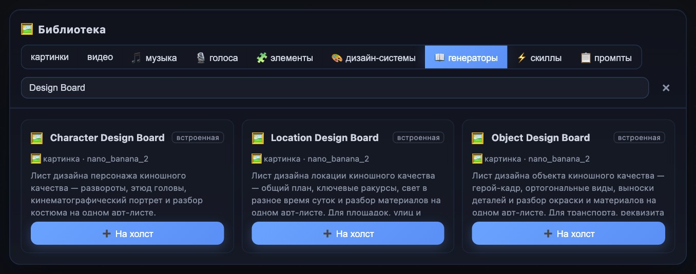 Библиотека → генераторы. Ищите Design Board; названия трёх готовых вариантов показаны в таблице.