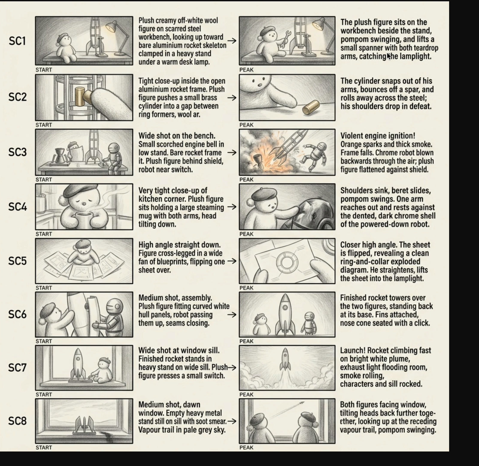 The real Storyboard Sheet for Episode #4: eight scenes and a START → PEAK transition for each one. It tests the story before the creator chooses a model and runs a shot.