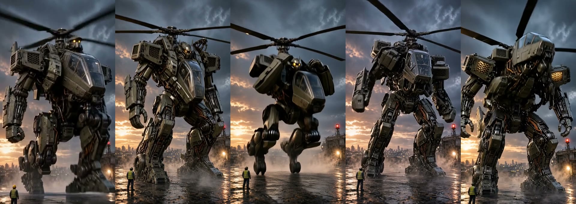 Mid-transition: every model takes its own route — Kling is still rotating horizontally, Seedance already stands, FLUX has an arm raised.