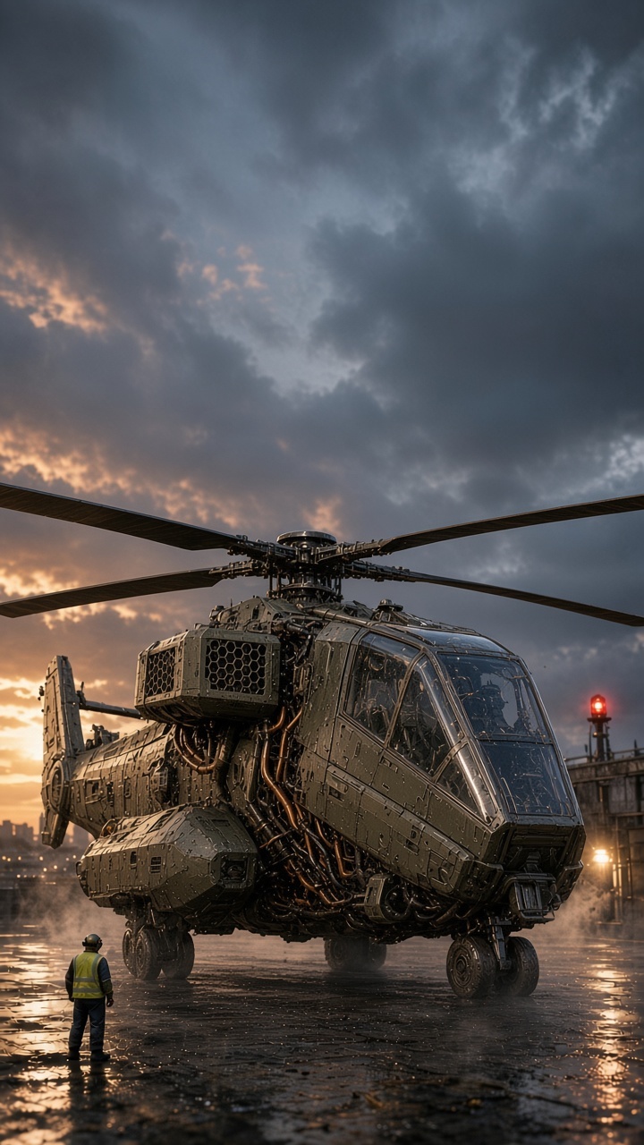 The opening frame: the helicopter on the apron. Every one of the nine clips starts here.