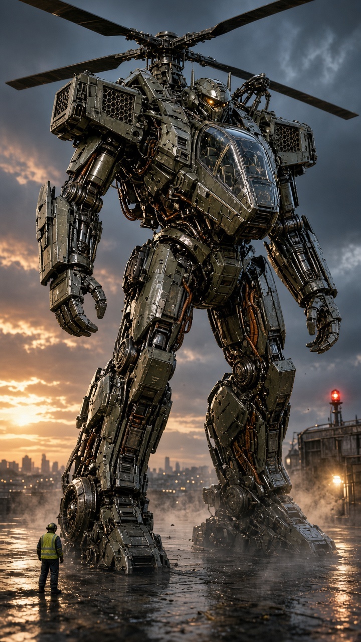 The closing frame: the robot made of that helicopter. Rotor on the back, cockpit in the chest, amber visor.