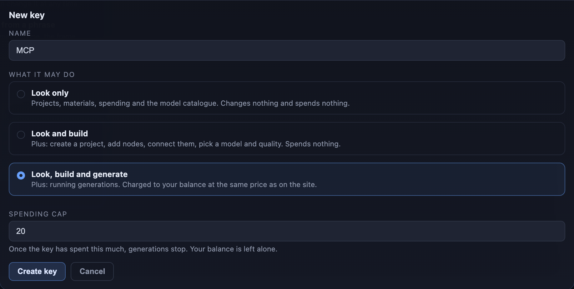 The key creation form: three access levels and a spending cap for generations. No key has been created here.