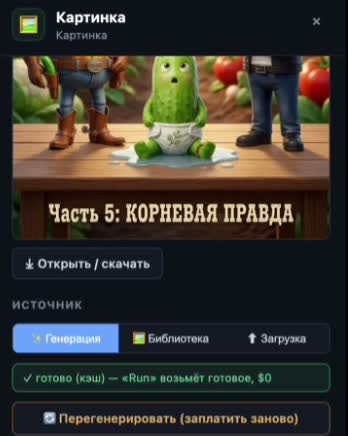 The «Image» node panel: a result preview, a download button, a «ready (cache) — $0» badge and a «Regenerate (pay again)» button