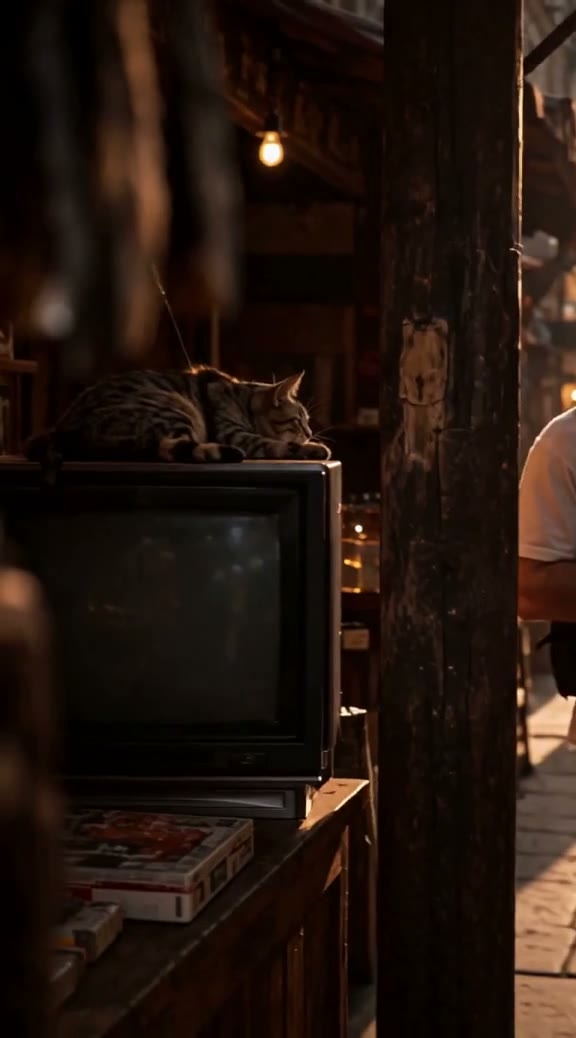 A market detail from the same film: a cat resting on an old television