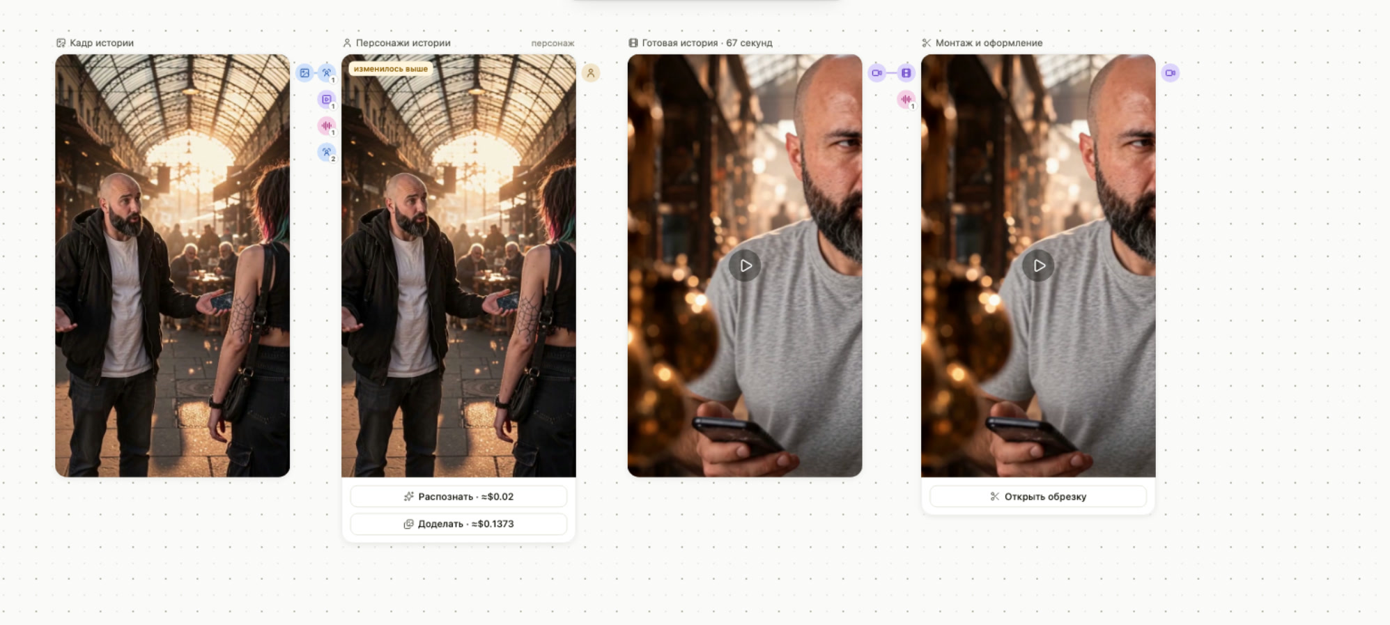 A demonstration in the current studio, shown in Russian: an image, Element, finished video and editing. This is not the original production graph.