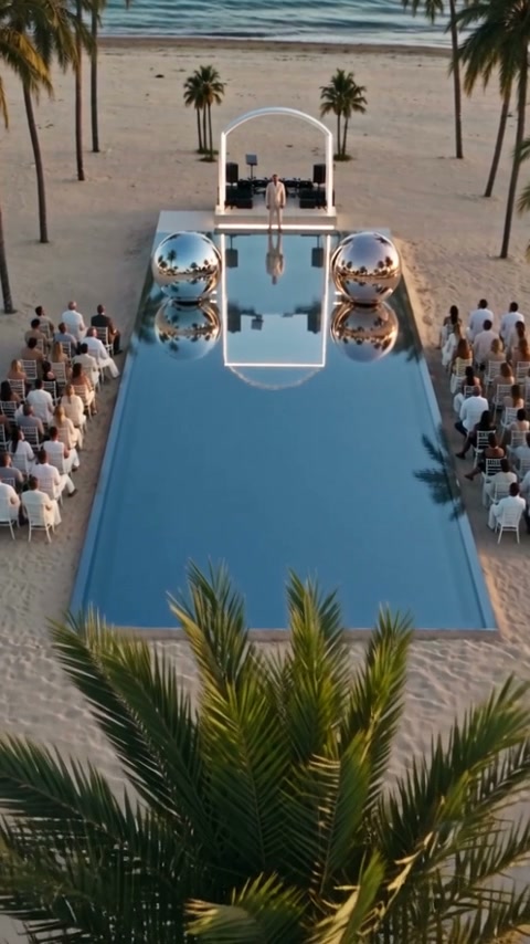 An aerial view of the ceremony, pool and sea