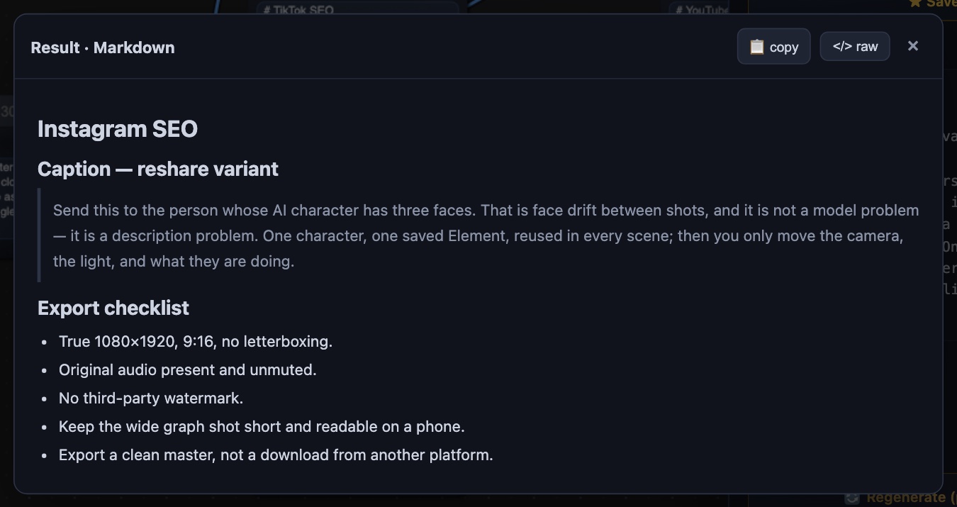 The Instagram package covers the caption, audio, cover, safe zones, and a clean-export checklist.