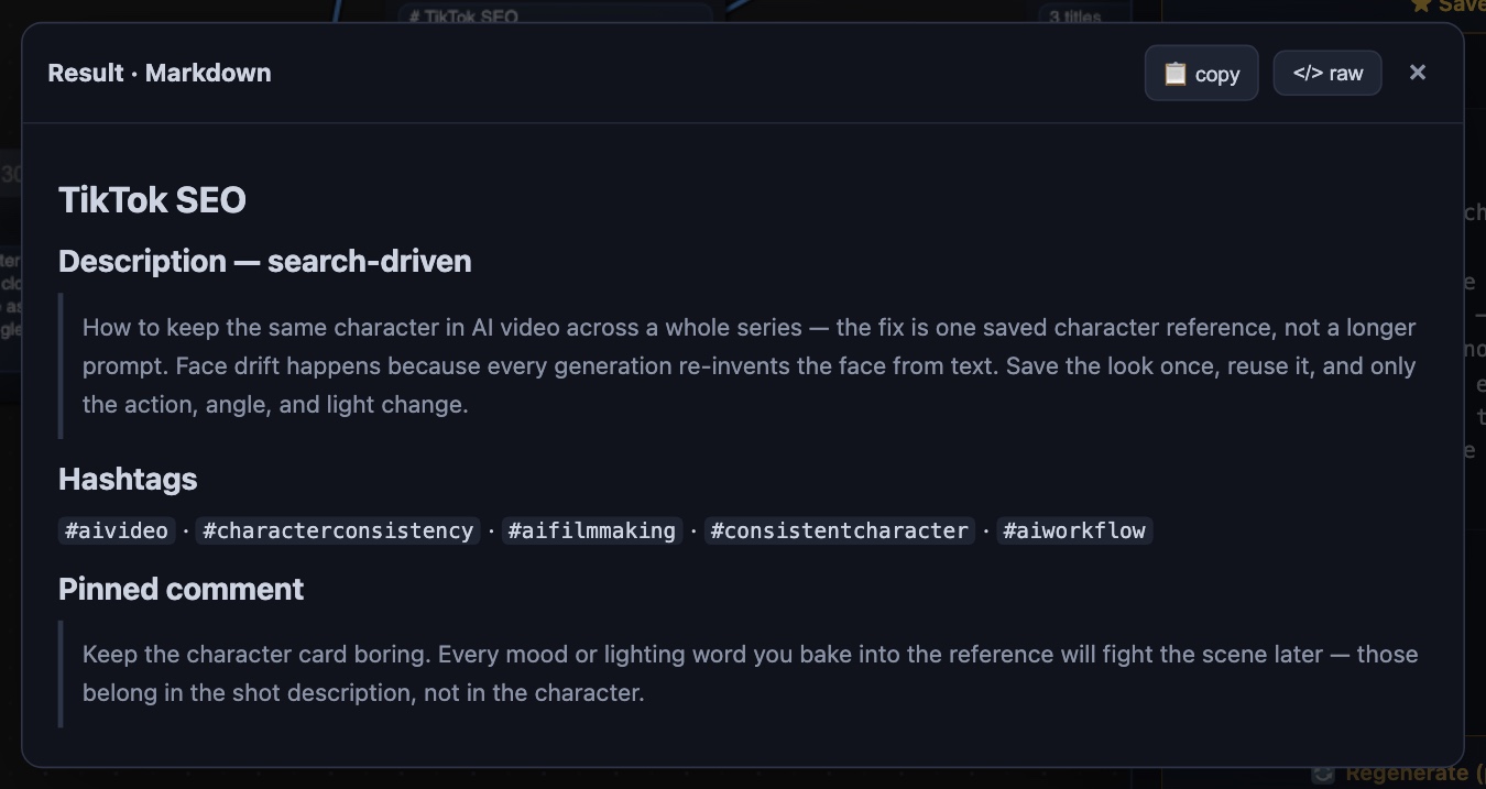 A real English output excerpt: search-led copy, narrow hashtags, and a pinned comment.