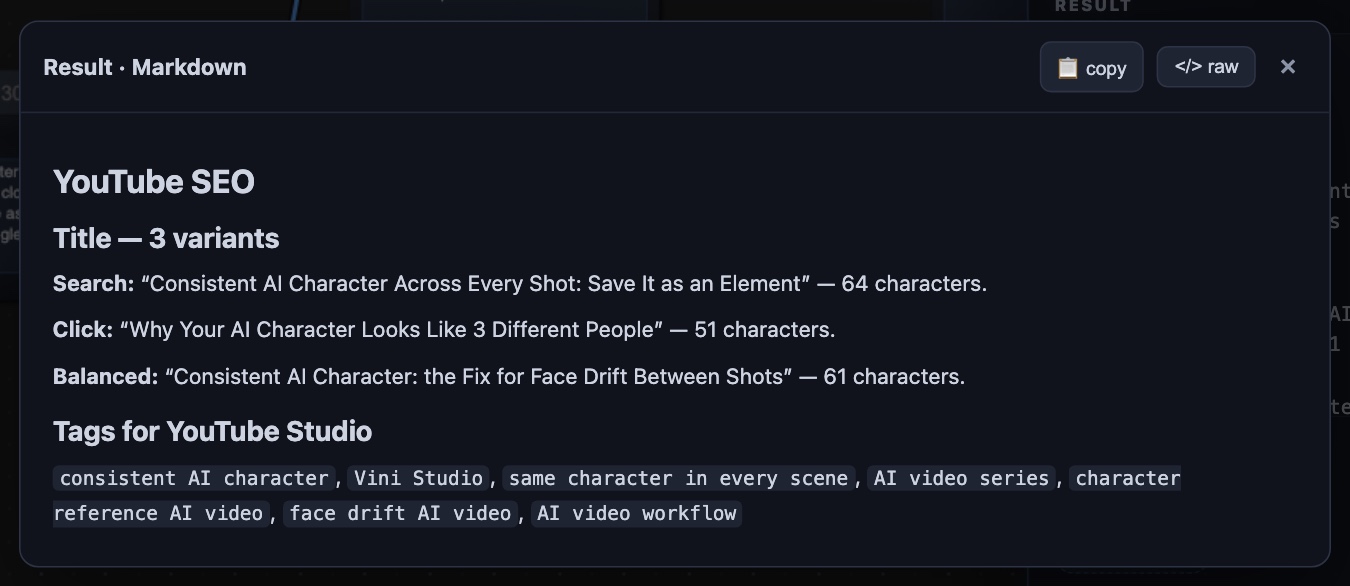 Three title strategies plus a separate YouTube Studio package — a job the other platforms do not have.