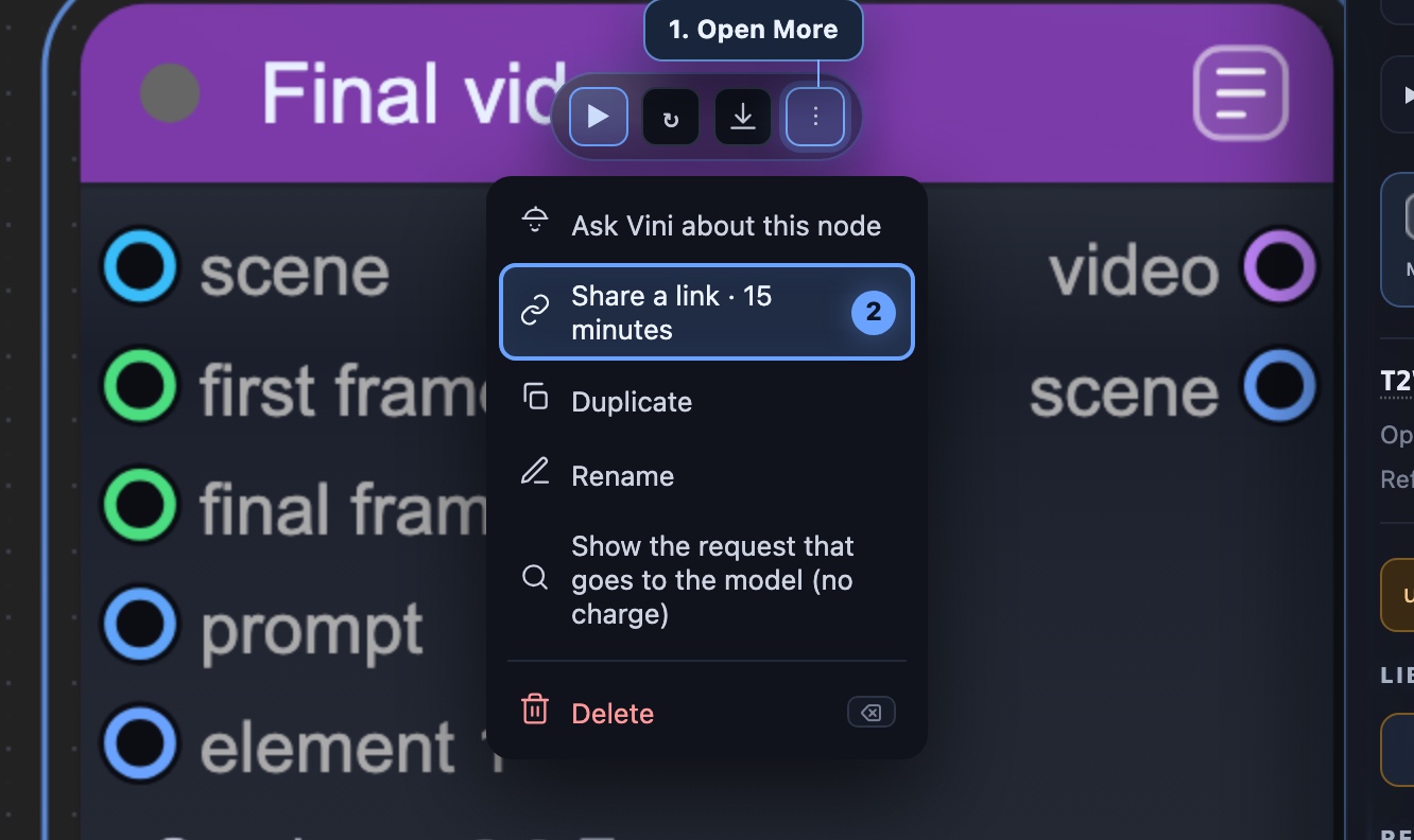 Step 1 — open ⋮ above the finished node. Step 2 — press the highlighted “Share a link · 15 minutes” row. A separate quick-download button stays beside it.