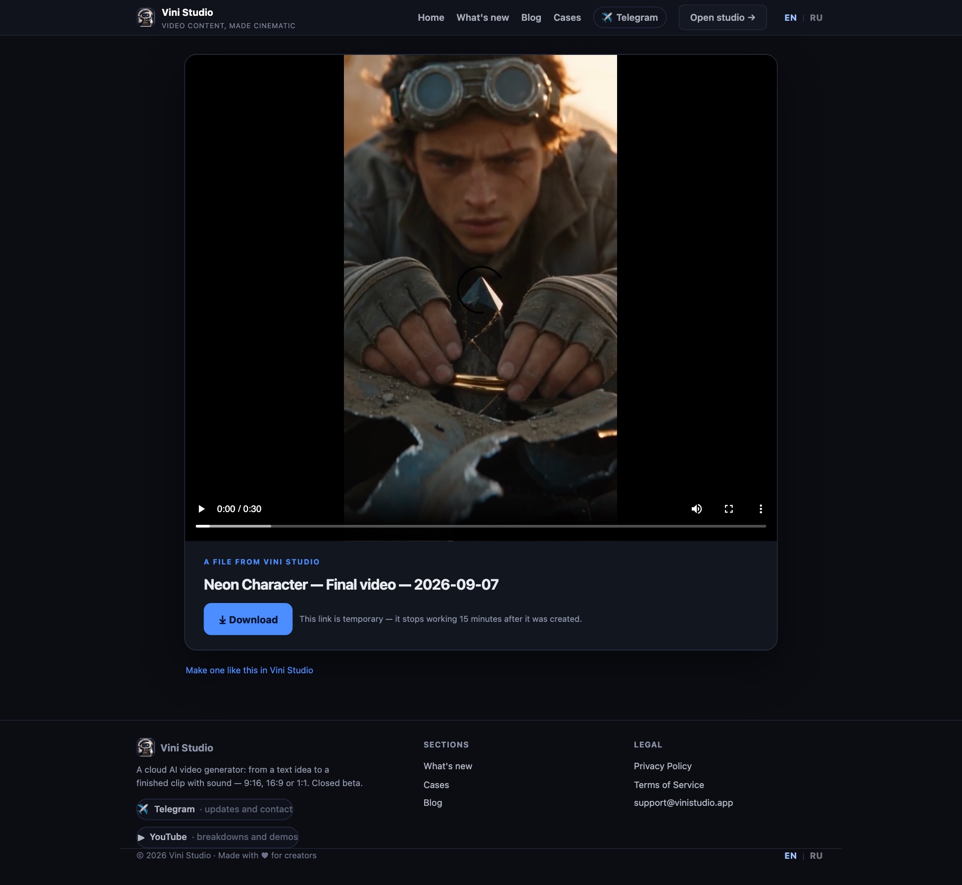 The public page for a finished video: player, filename, expiration note, and a clear Download button.
