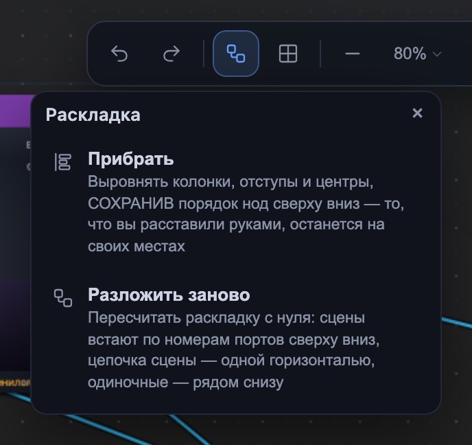 Кнопка «Раскладка» в верхней панели открывает два режима: бережно прибрать или полностью восстановить структуру.