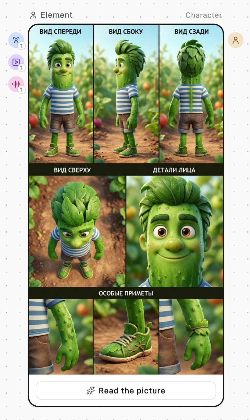 The cucumber’s Element card: the character sheet in the centre, connection icons at the edges, and the character role above.
