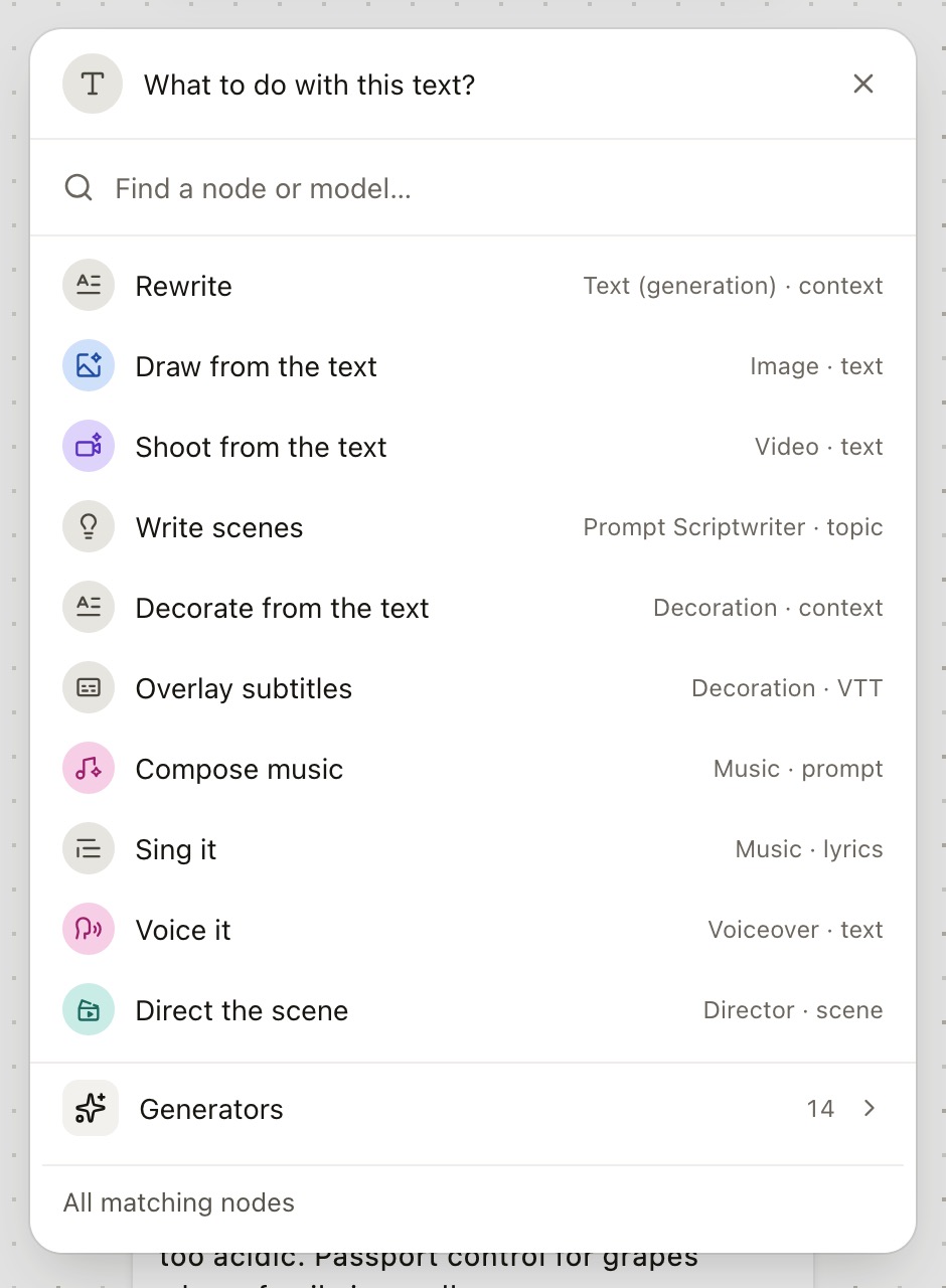 From text to an image, video, music, or voice. The menu offers actions that fit the selected output.