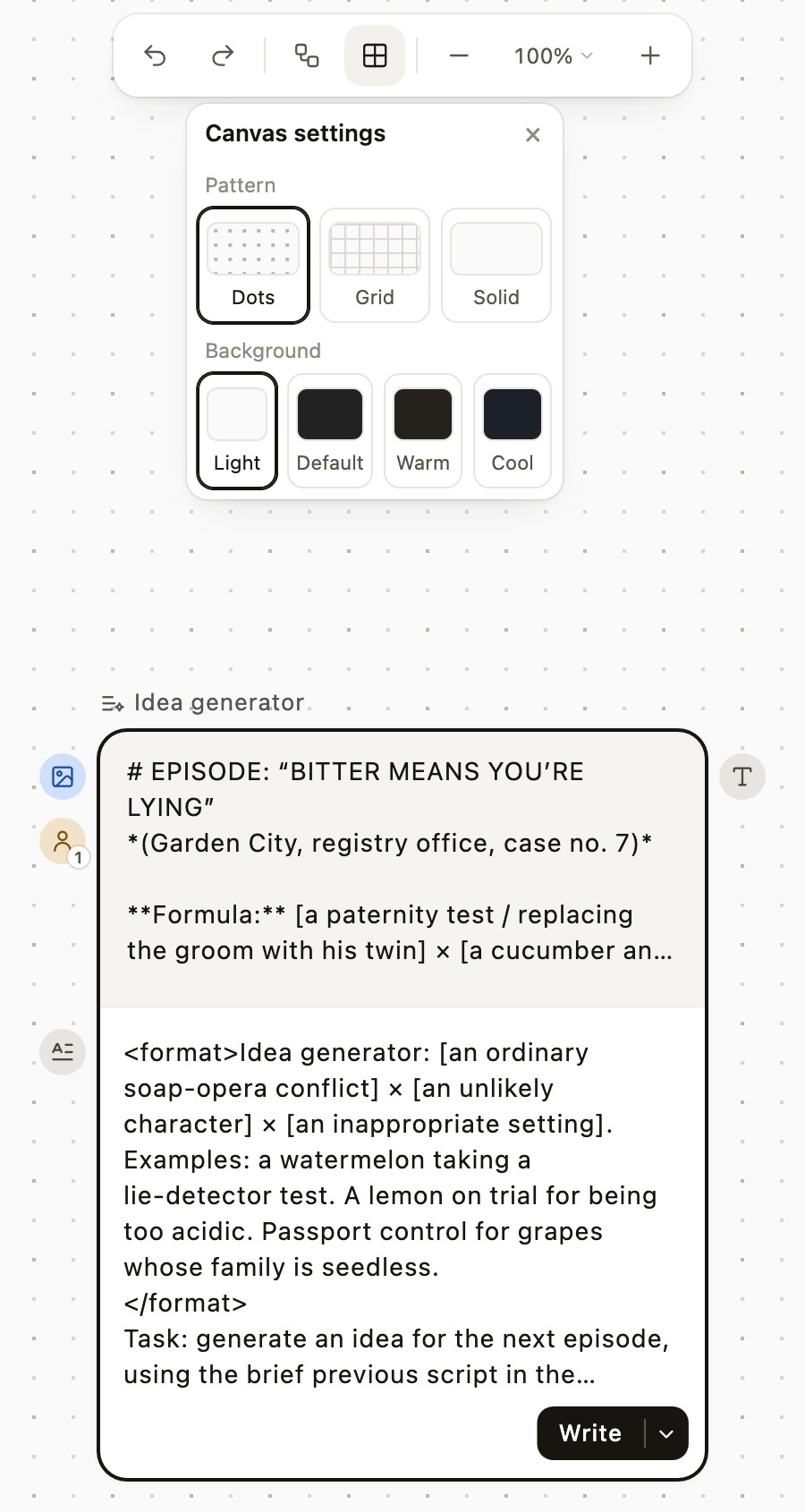 The Idea generator card beside the canvas settings, with the Light background selected.