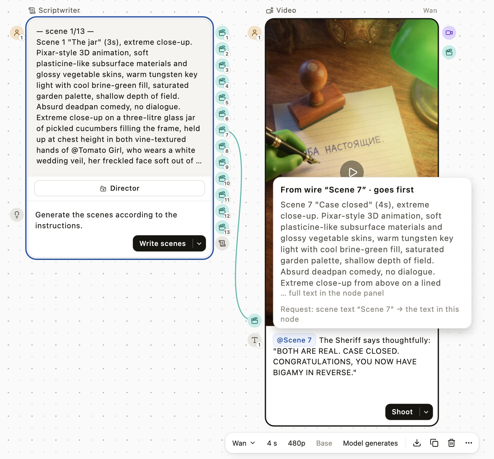 Scene 7 in the English demo: the open tooltip displays the incoming text beside the video receiving it.