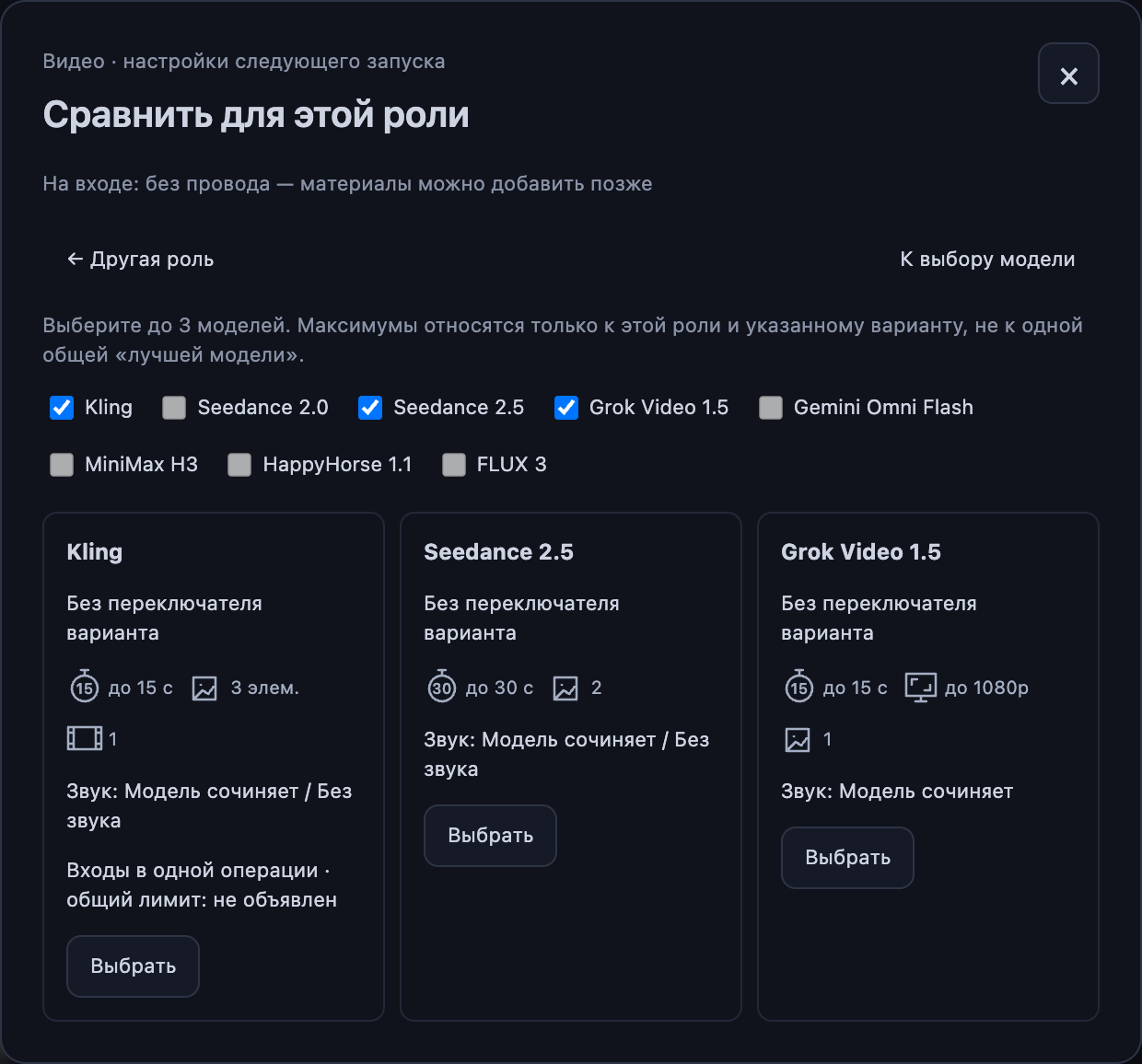Сравнение Kling, Seedance 2.5 и Grok Video 1.5 для видео по стартовому кадру. Значки показывают максимумы, а не текущие настройки ноды.