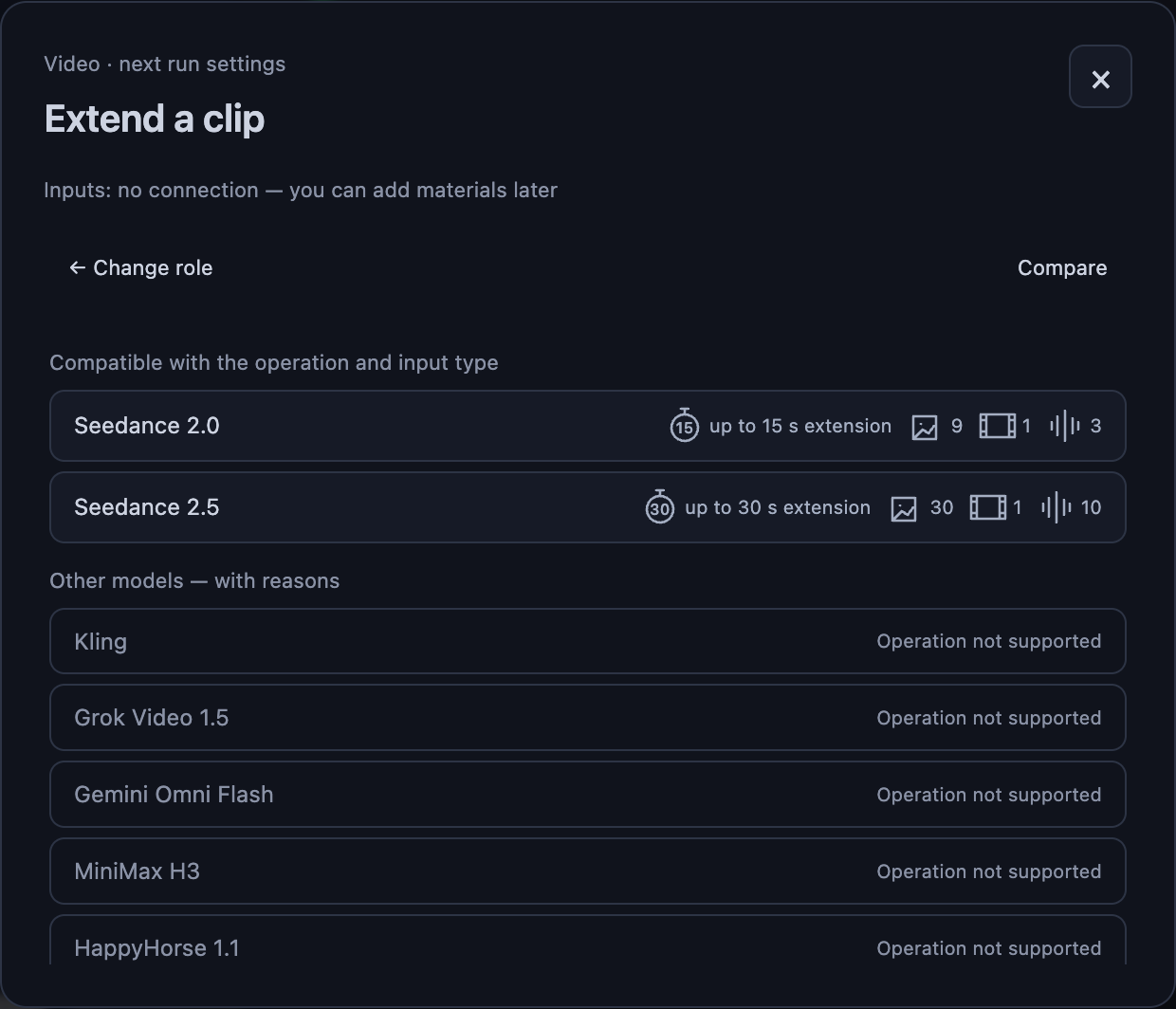 For Extend a clip, the Seedance versions are compatible. Kling and other models stay in the list with an “Operation not supported” explanation.