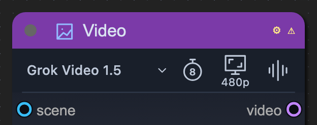 A detail of the actual Video node: Grok Video 1.5 with 8 seconds and 480p selected. These are the next run’s settings, not the model’s limits.
