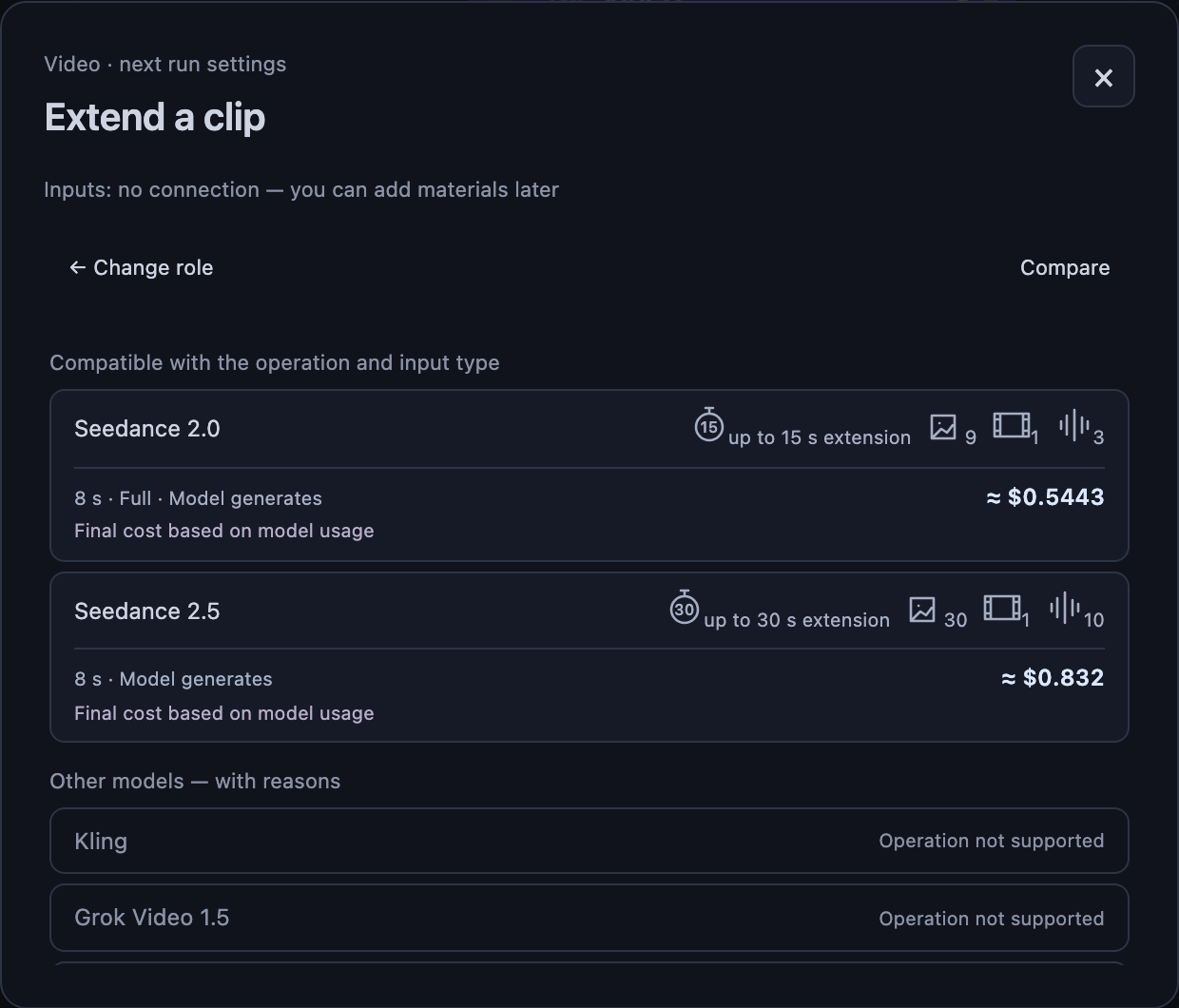 For Extend a clip, the Seedance versions are compatible. Kling and other models stay in the list with an “Operation not supported” explanation.