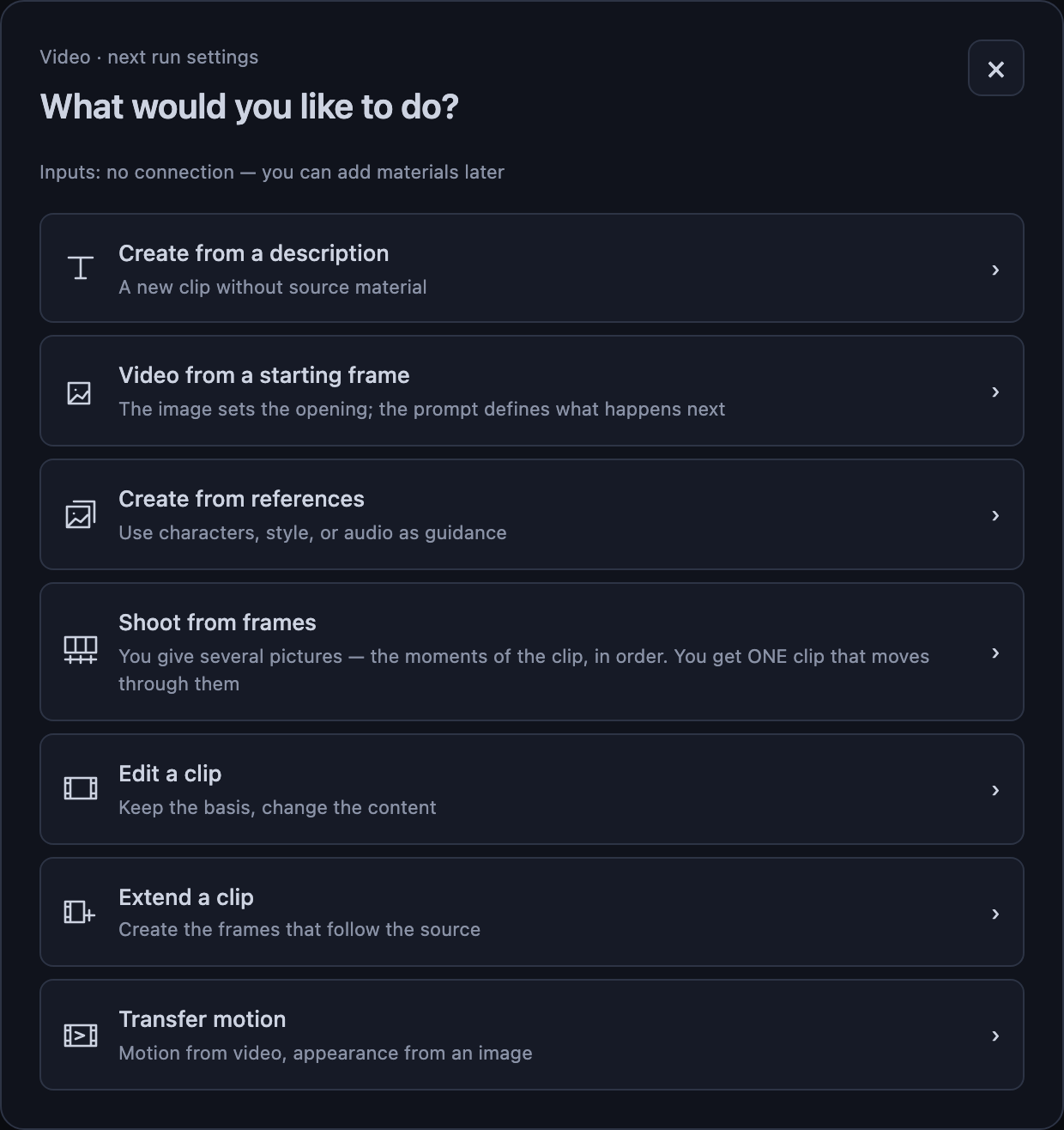 The selector before the October update, showing seven roles. The current menu adds Recast characters and renames Motion transfer to Avatar.