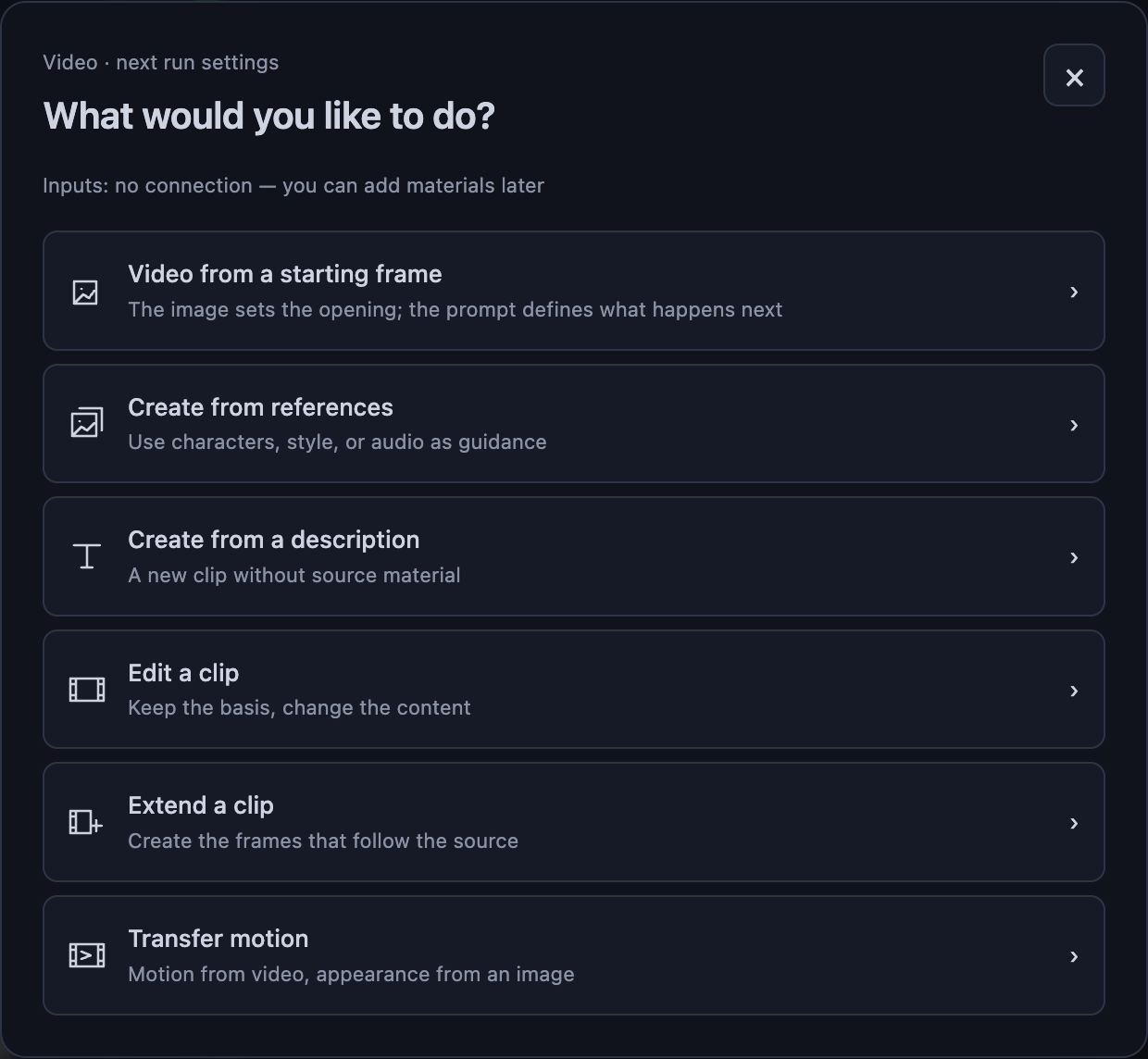 Start with the task. All six roles in the actual Vini Studio selector.