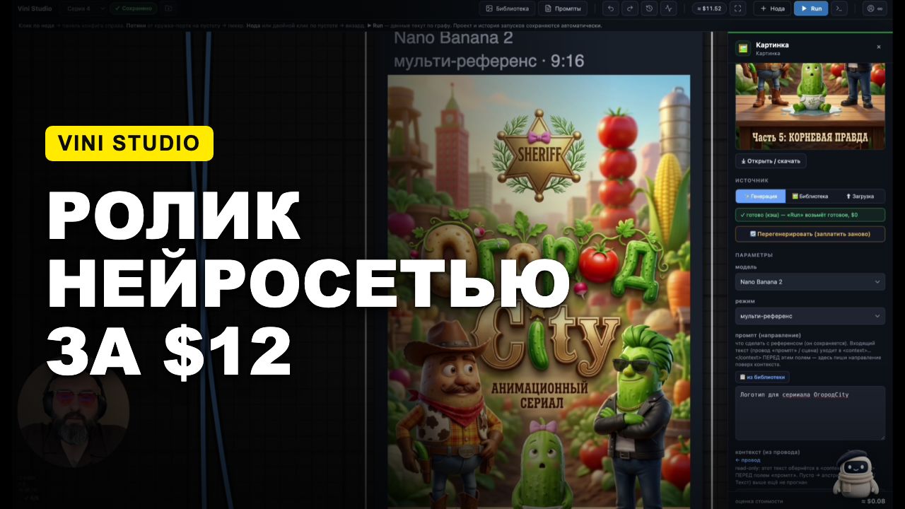 Реальная студия: ноды, библиотека, промпты и смета на тулбаре — готовый ролик выходит около $12.