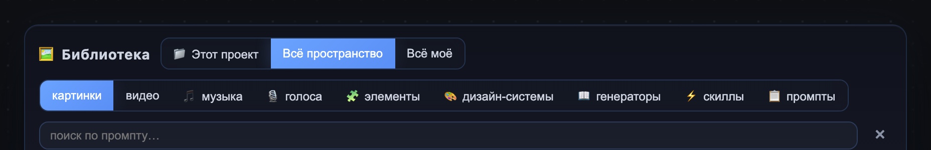 Охват библиотеки меняет порядок и подсказки, но не доступ: «Этот проект / Всё пространство / Всё моё».