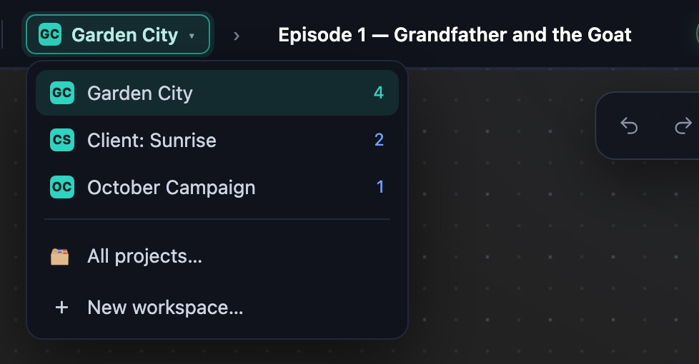 Switch in one click from the header. Each workspace shows its project count.